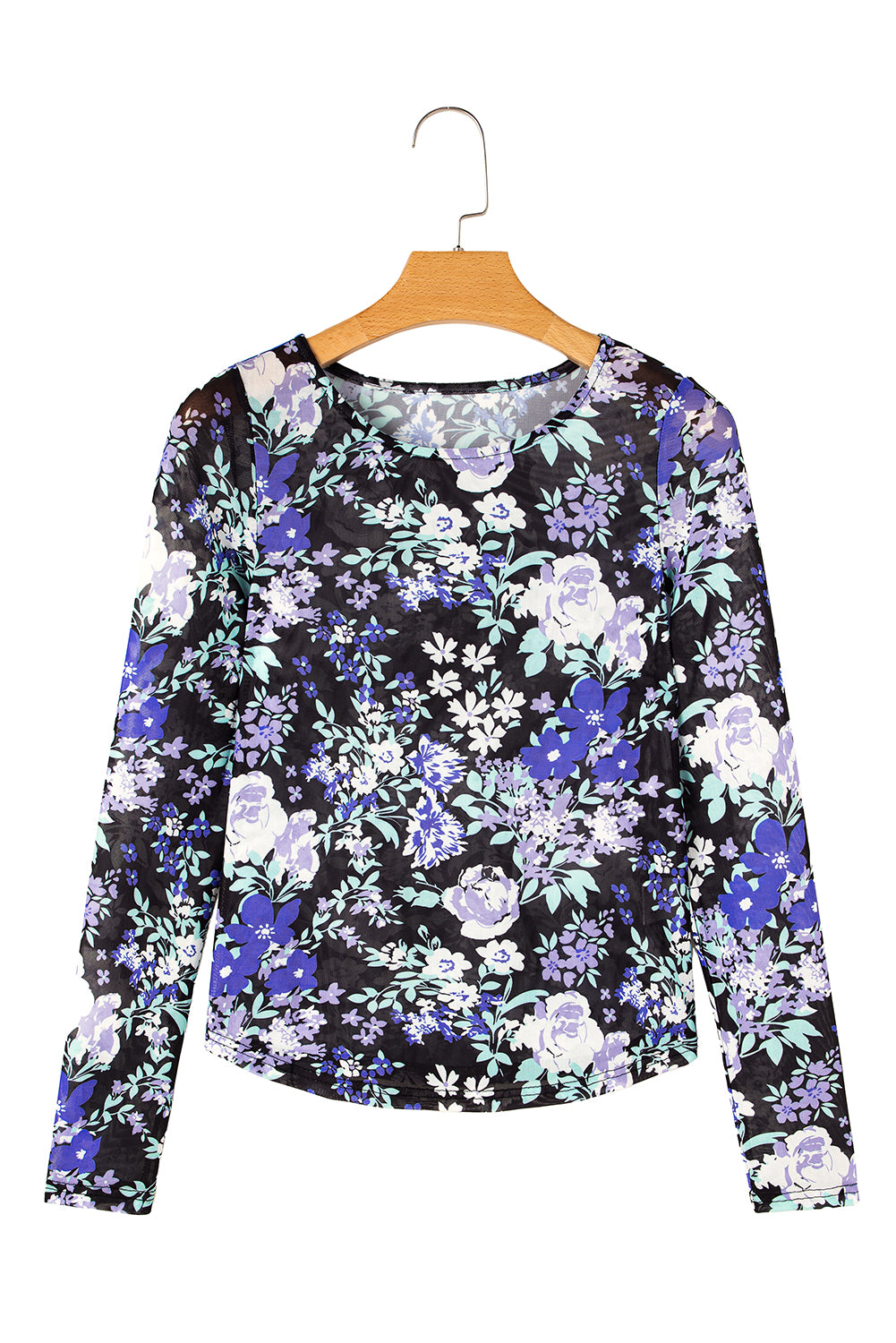 Green Floral Print Mesh Long Sleeve Top