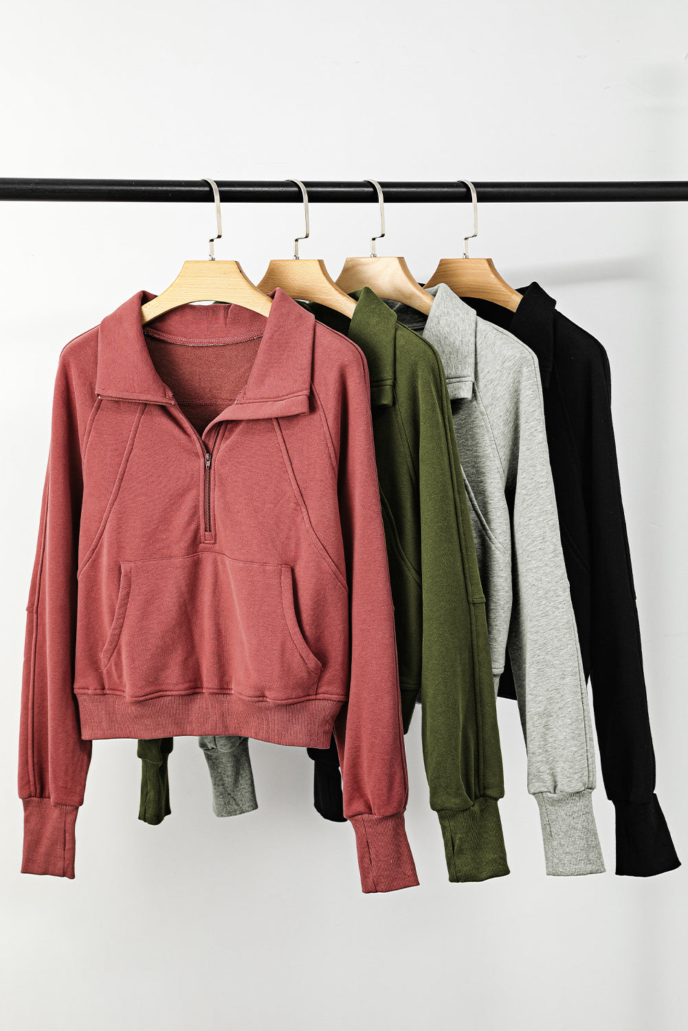 Smoke Green Zip Up Stand Collar Ribbed Thumbhole Sleeve Sweatshirt