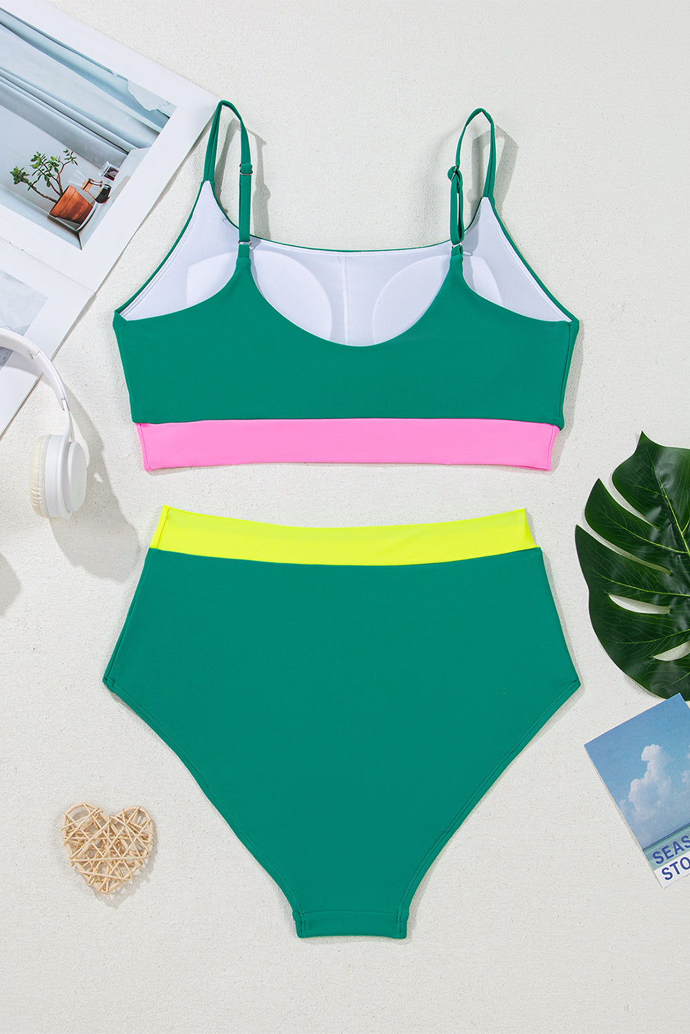 Sea Green Contrast Trim Colorblock High-Waisted Bikini Swimwear