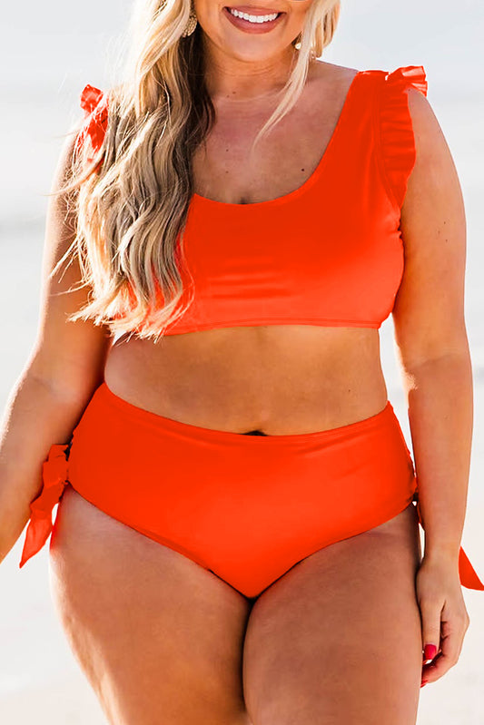 Orangefarbenes Bikini-Set mit hoher Taille und Rüschenbesatz und Knotendetail in Übergröße