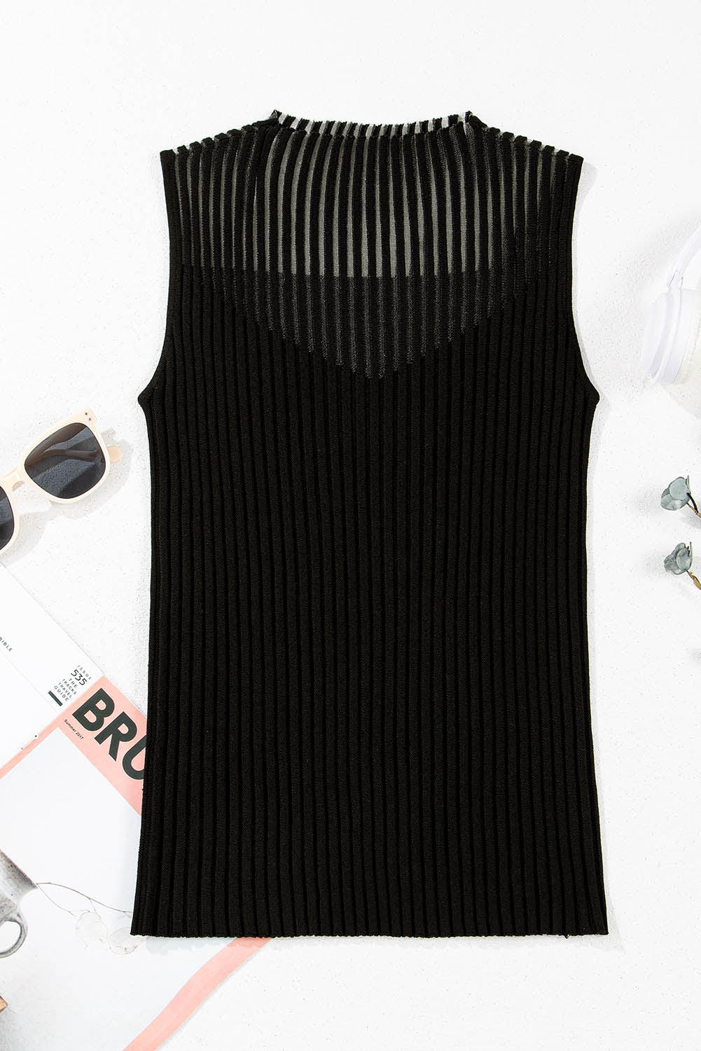 Chic Black Ribbed Mesh Knit Sleeveless Top