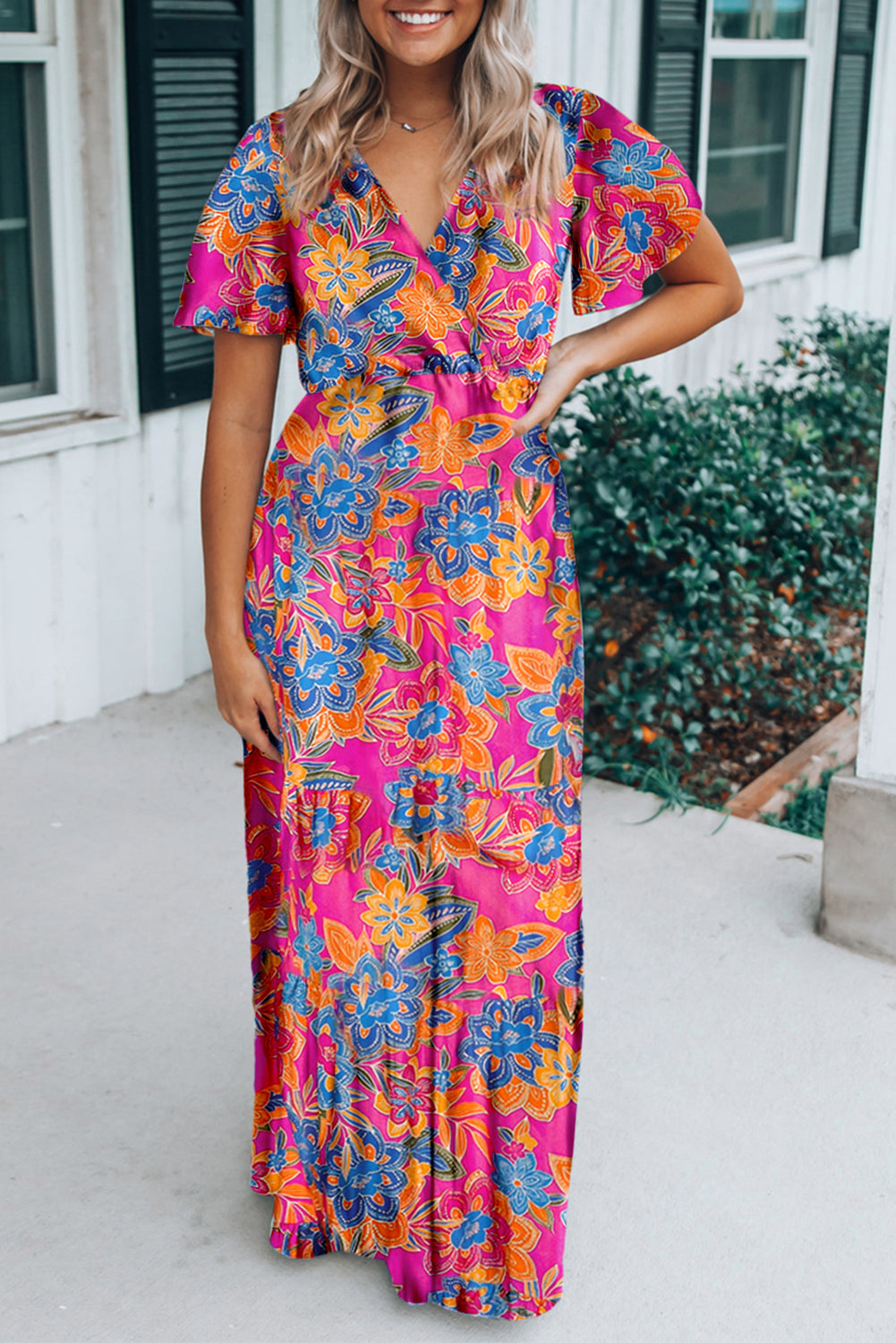 Abstract Botanic Print Wrap V Neck Short Sleeve Maxi Dress - MAD RUFFI