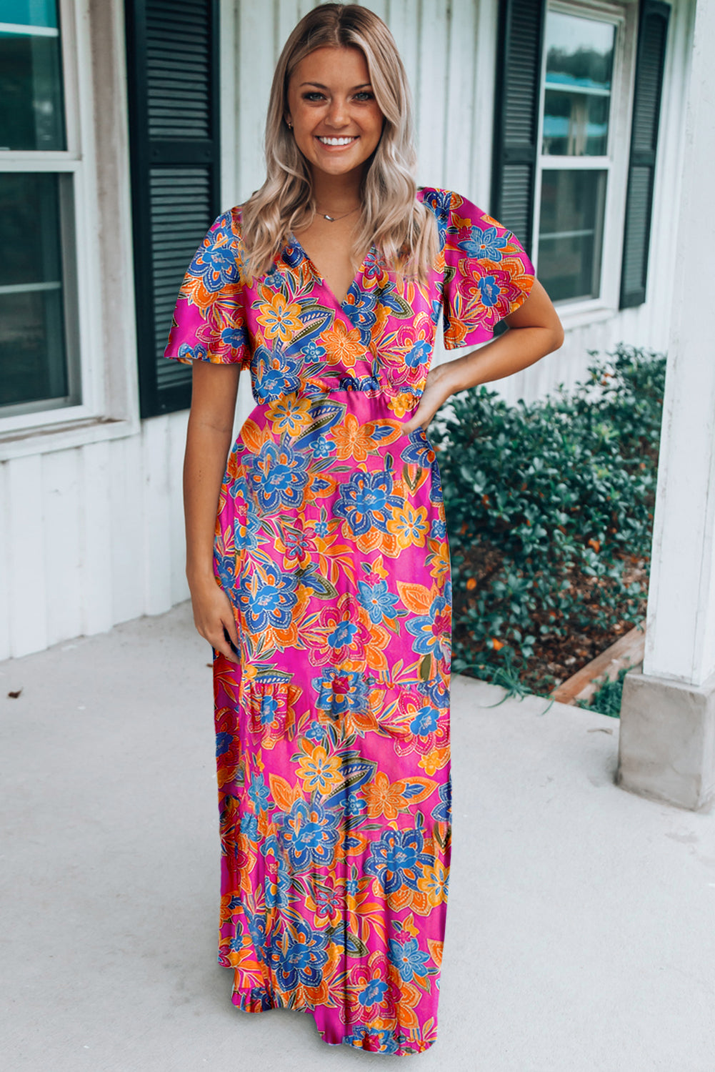 Abstract Botanic Print Wrap V Neck Short Sleeve Maxi Dress - MAD RUFFI