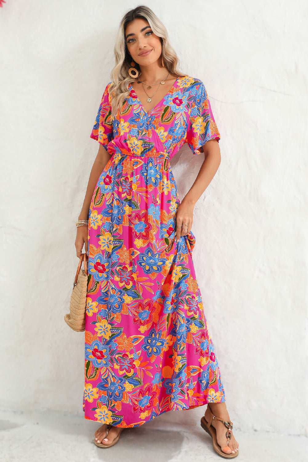 Abstract Botanic Print Wrap V Neck Short Sleeve Maxi Dress - MAD RUFFI