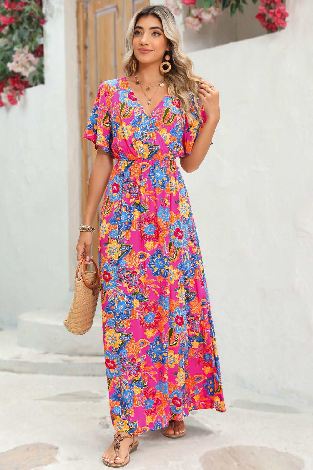 Abstract Botanic Print Wrap V Neck Short Sleeve Maxi Dress - MAD RUFFI