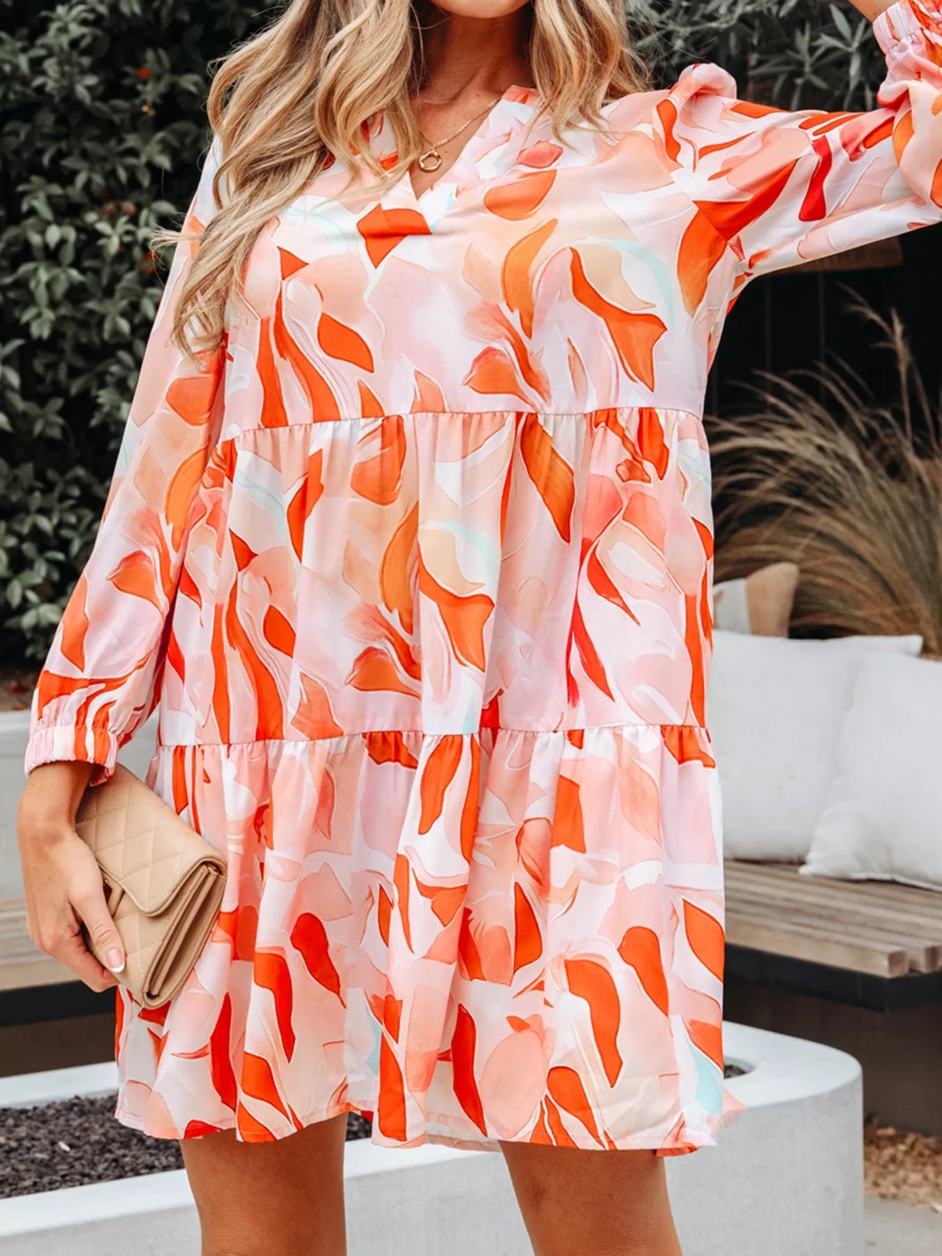 Abstract Print Long Sleeve Tiered Mini Dress - MAD RUFFI