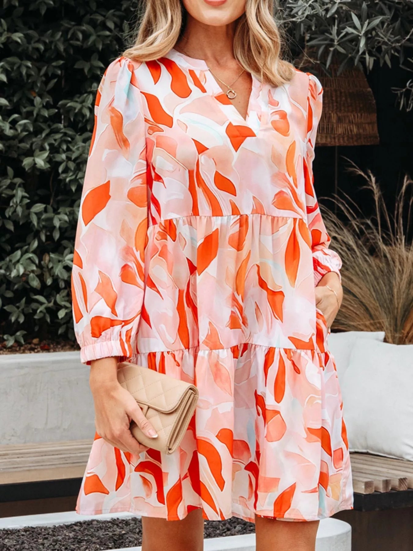 Abstract Print Long Sleeve Tiered Mini Dress - MAD RUFFI