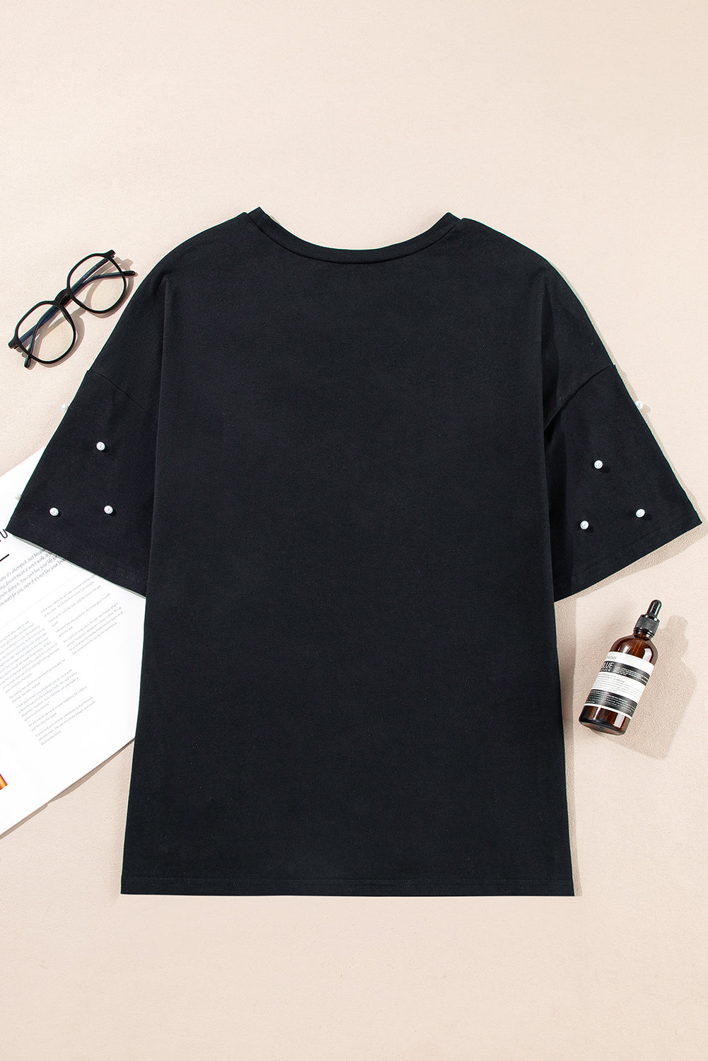 Pearl Embellished Black Drop Shoulder T-Shirt