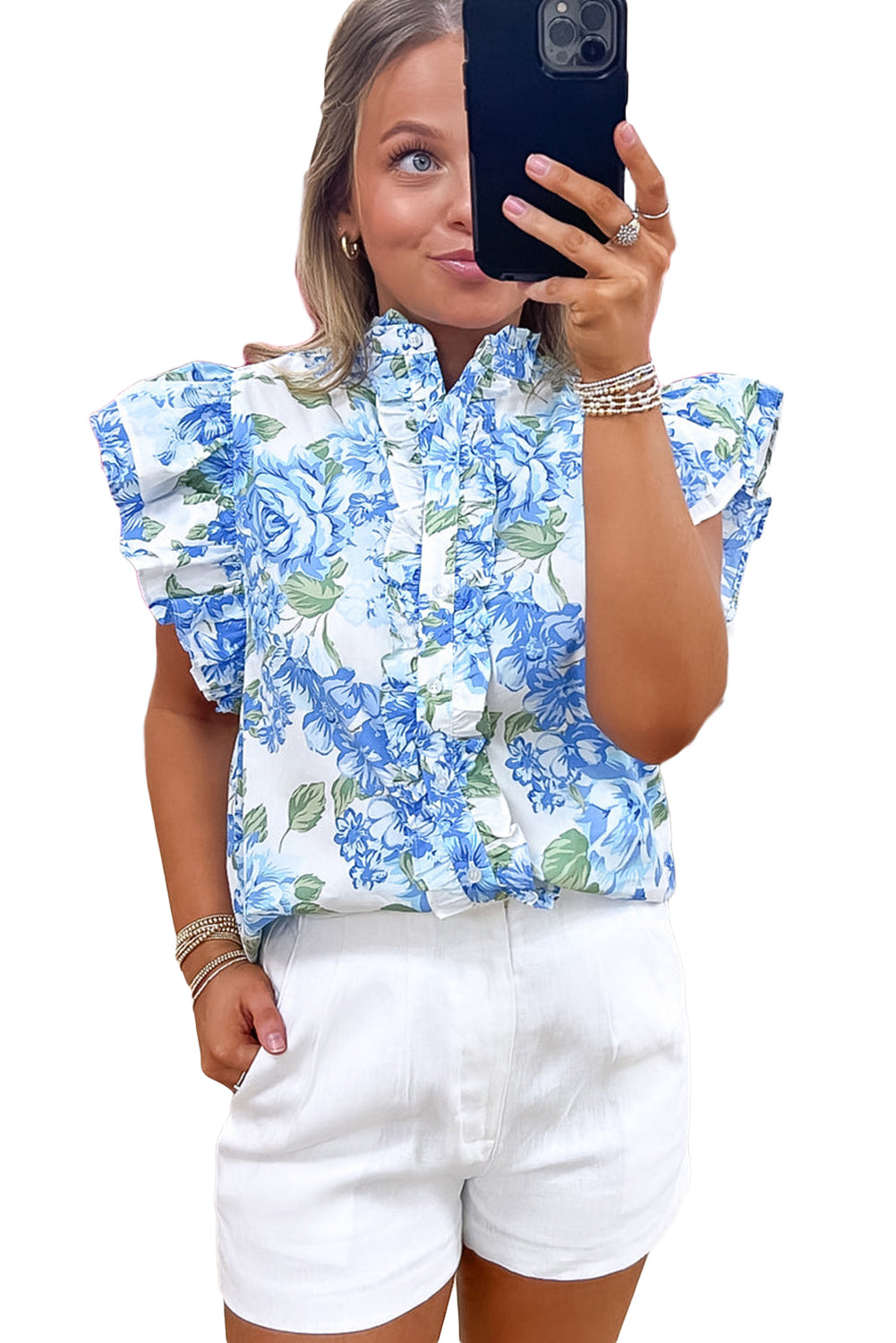 Camisa de volante con volante con estampado floral azul cielo