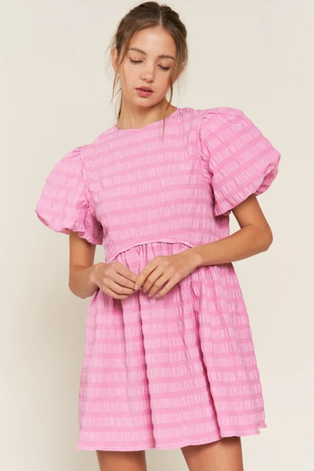 Puffed Sleeve Textured Striped Mini Dress