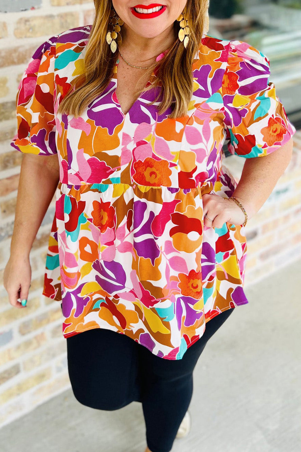 Pink Plus Size Floral Print V Neck Fit and Flare Blouse