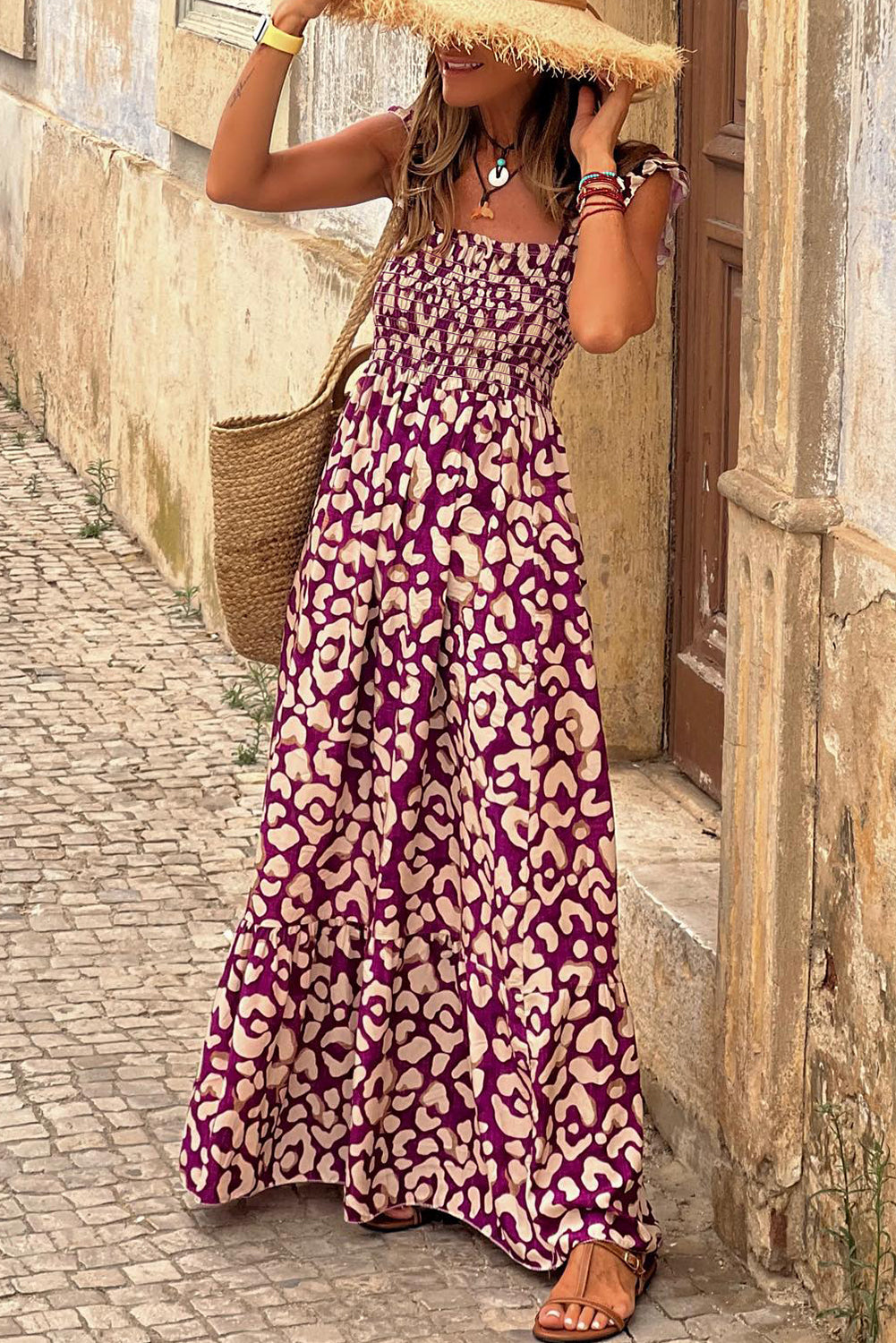 Sangle à volants à imprimé rose séduisant Robe maxi taille