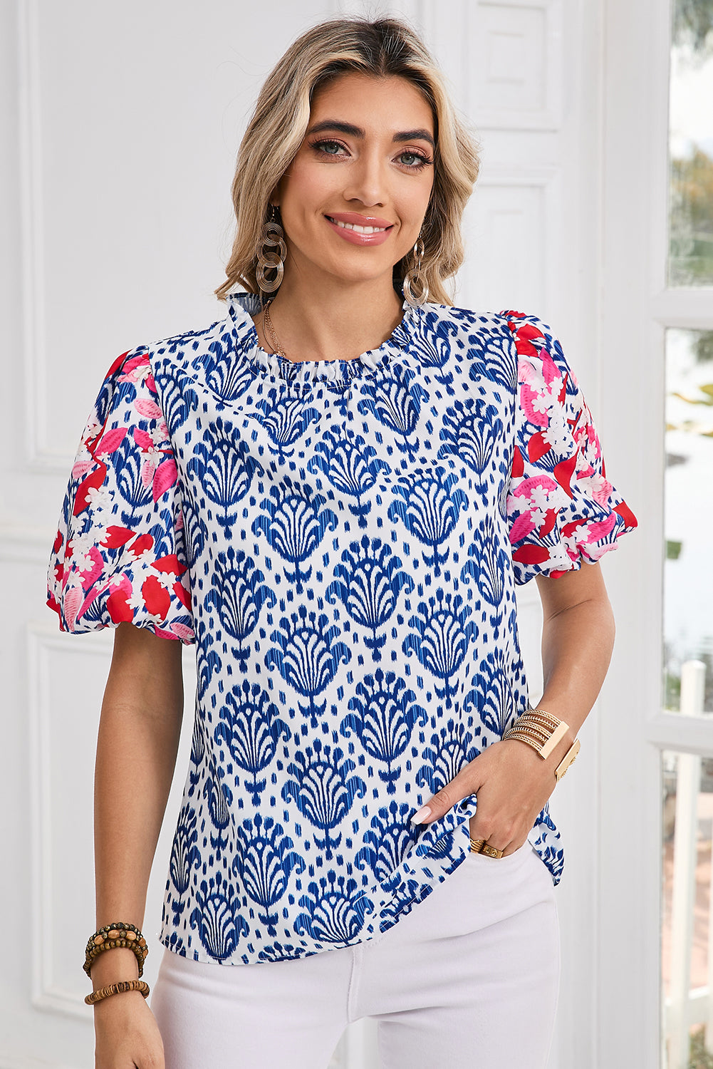 Whimsical Blue Floral Puff Sleeve Blouse with Frill Neck Detail