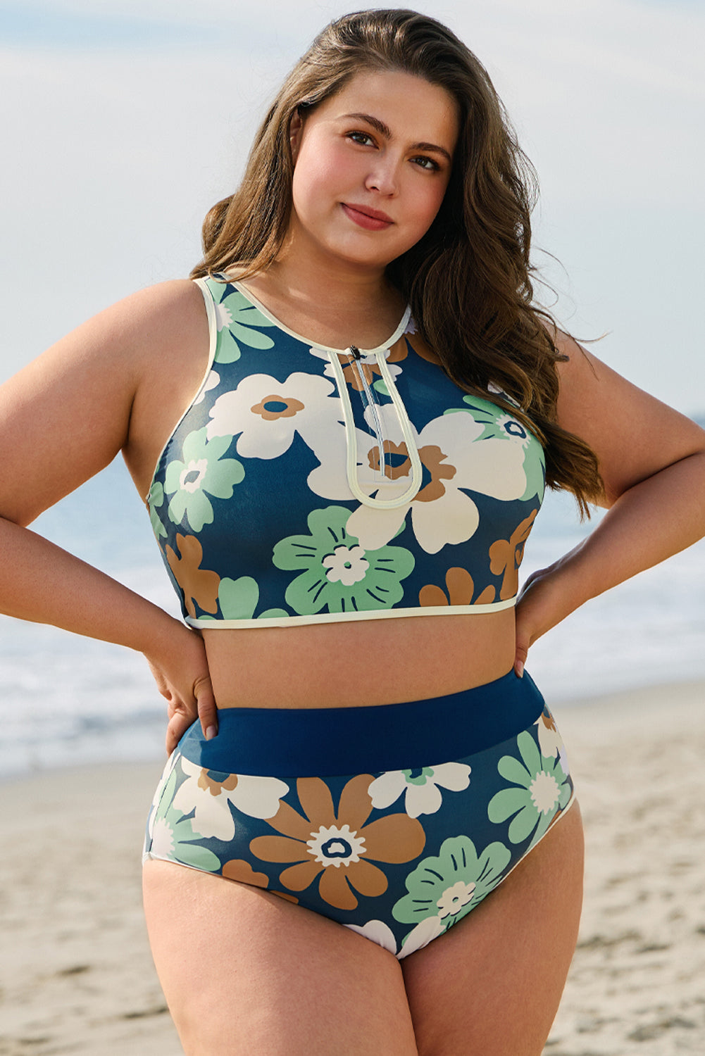 Green Floral Print Zipped Plus Size Two Pieces Bikini