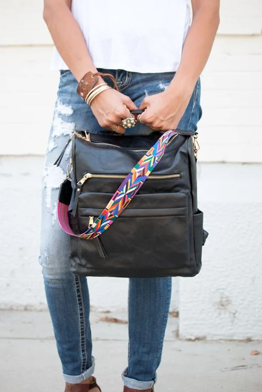 Geometric Crochet Strap Black PU Leather Backpack for Everyday Use