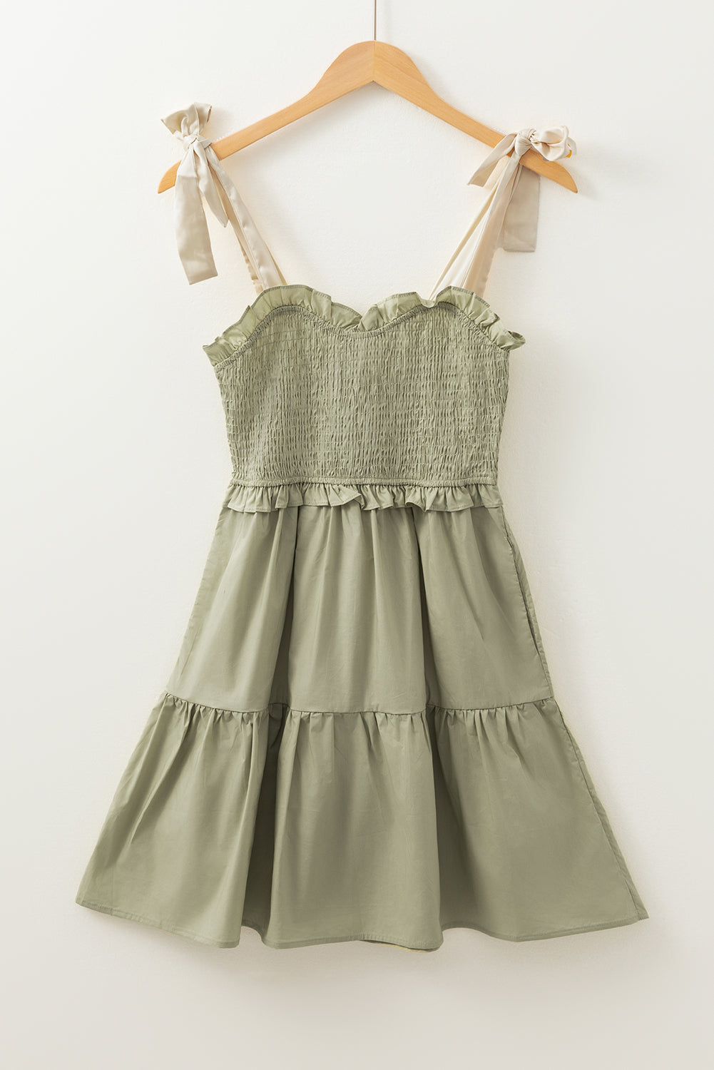 Laurel Green Tie Strap Frill Detail Smocked Mini Dress