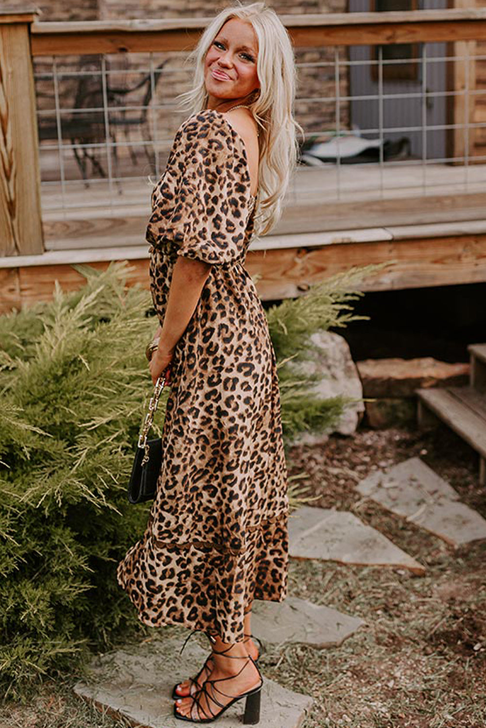 Leopard Print Maxi Dress with Puff Sleeves and Ricrac Detail