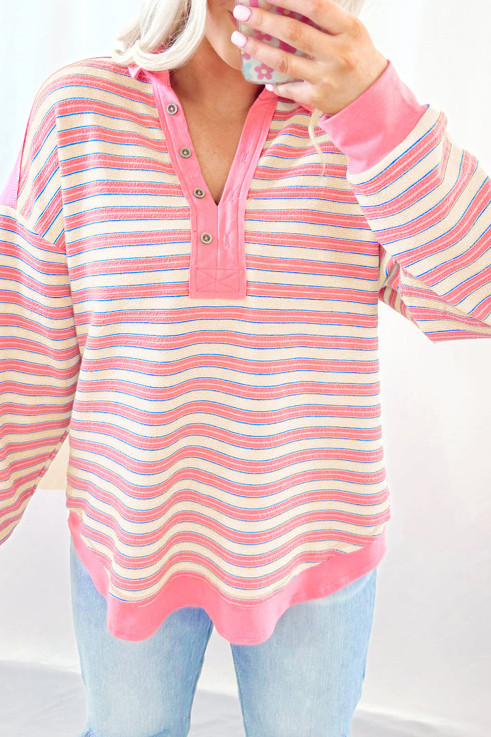 Pink Stripe Collared V Neck Drop Shoulder Top