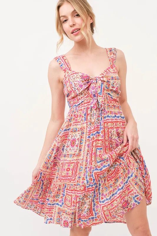 And The Why Tied Front Smocked Back Tiered Boho Printed Dress - MAD RUFFI