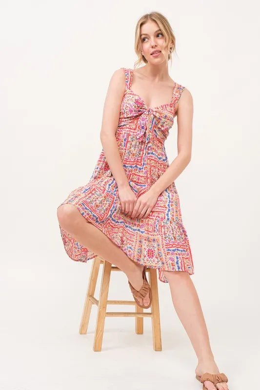 And The Why Tied Front Smocked Back Tiered Boho Printed Dress - MAD RUFFI