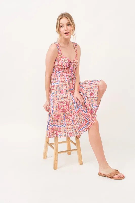 And The Why Tied Front Smocked Back Tiered Boho Printed Dress - MAD RUFFI
