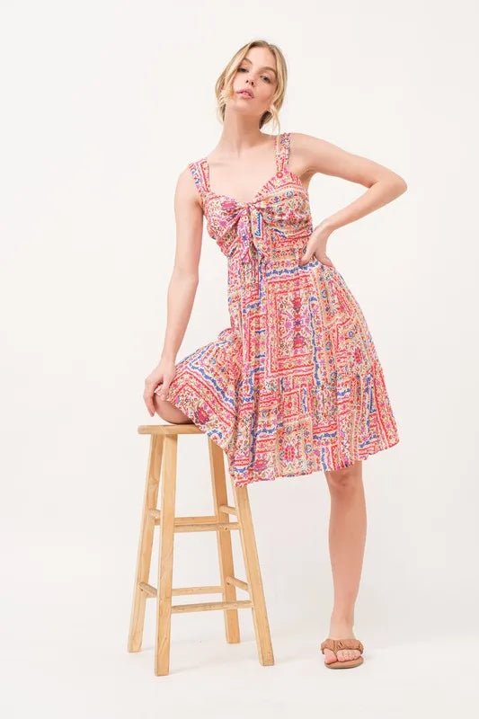 And The Why Tied Front Smocked Back Tiered Boho Printed Dress - MAD RUFFI