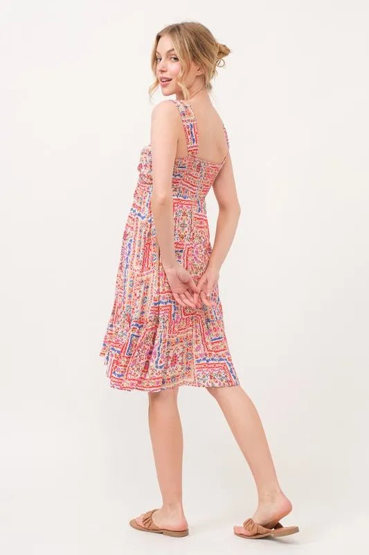 And The Why Tied Front Smocked Back Tiered Boho Printed Dress - MAD RUFFI