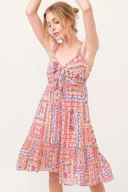 And The Why Tied Front Smocked Back Tiered Boho Printed Dress - MAD RUFFI