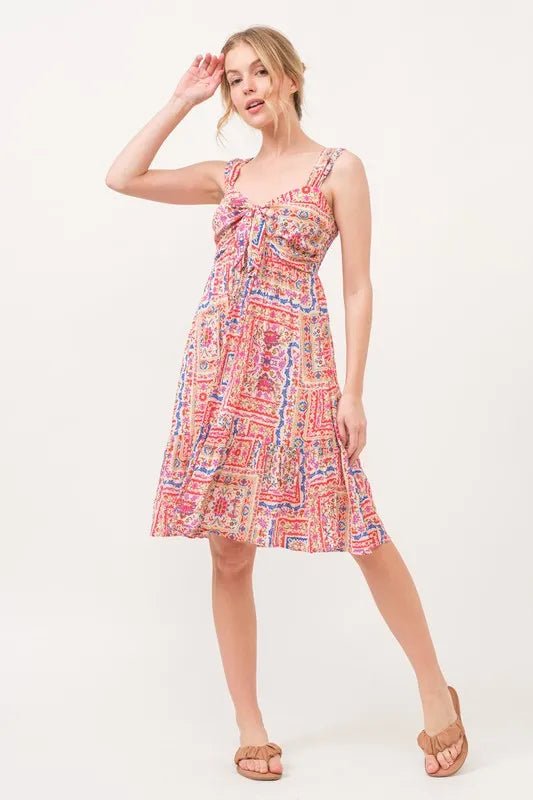 And The Why Tied Front Smocked Back Tiered Boho Printed Dress - MAD RUFFI
