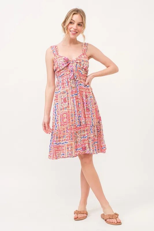 And The Why Tied Front Smocked Back Tiered Boho Printed Dress - MAD RUFFI