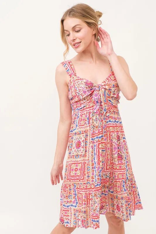And The Why Tied Front Smocked Back Tiered Boho Printed Dress - MAD RUFFI