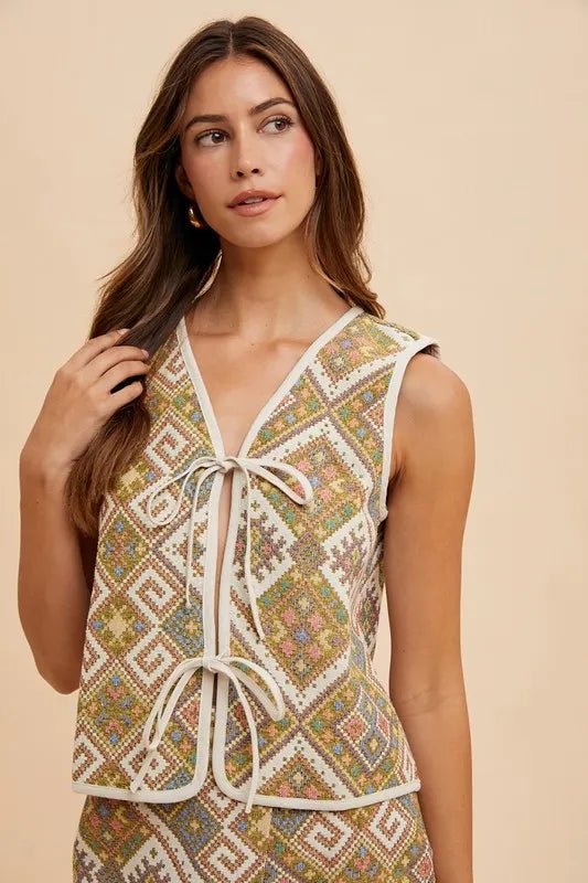 Annie Wear Ethnic Woven Jacquard Tie Front Vest - MAD RUFFI