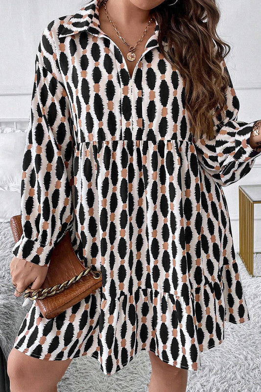 Apricot Abstract Print Collared V Neck Plus Size Mini Dress - Apricot / 1X - Plus Size Dresses