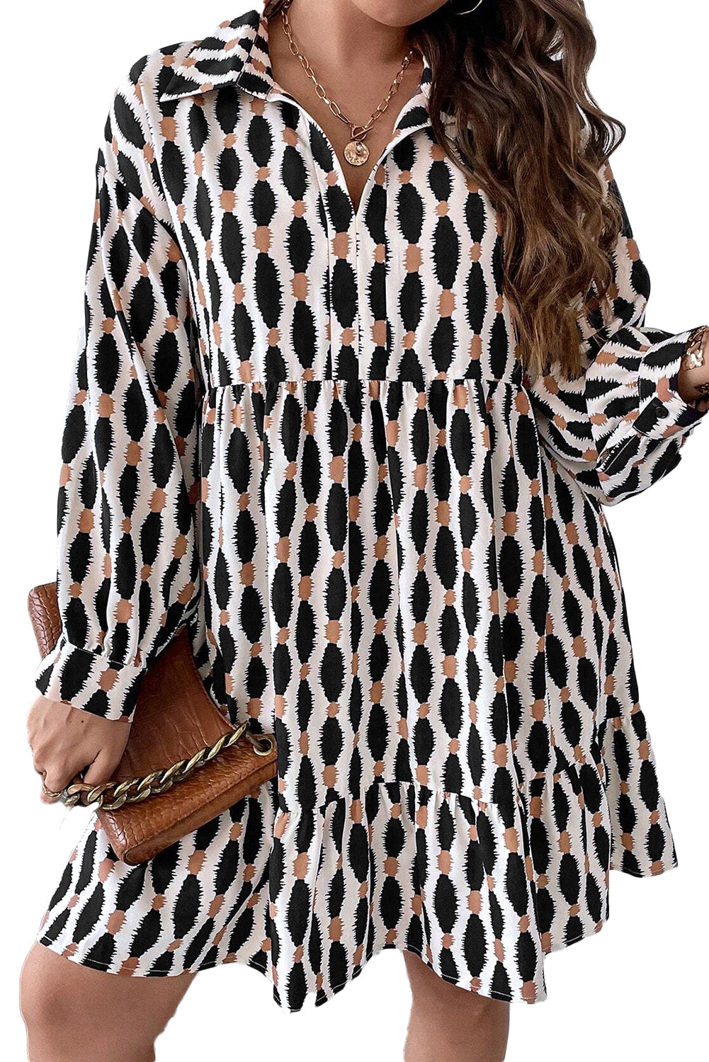 Apricot Abstract Print Collared V Neck Plus Size Mini Dress - Plus Size Dresses