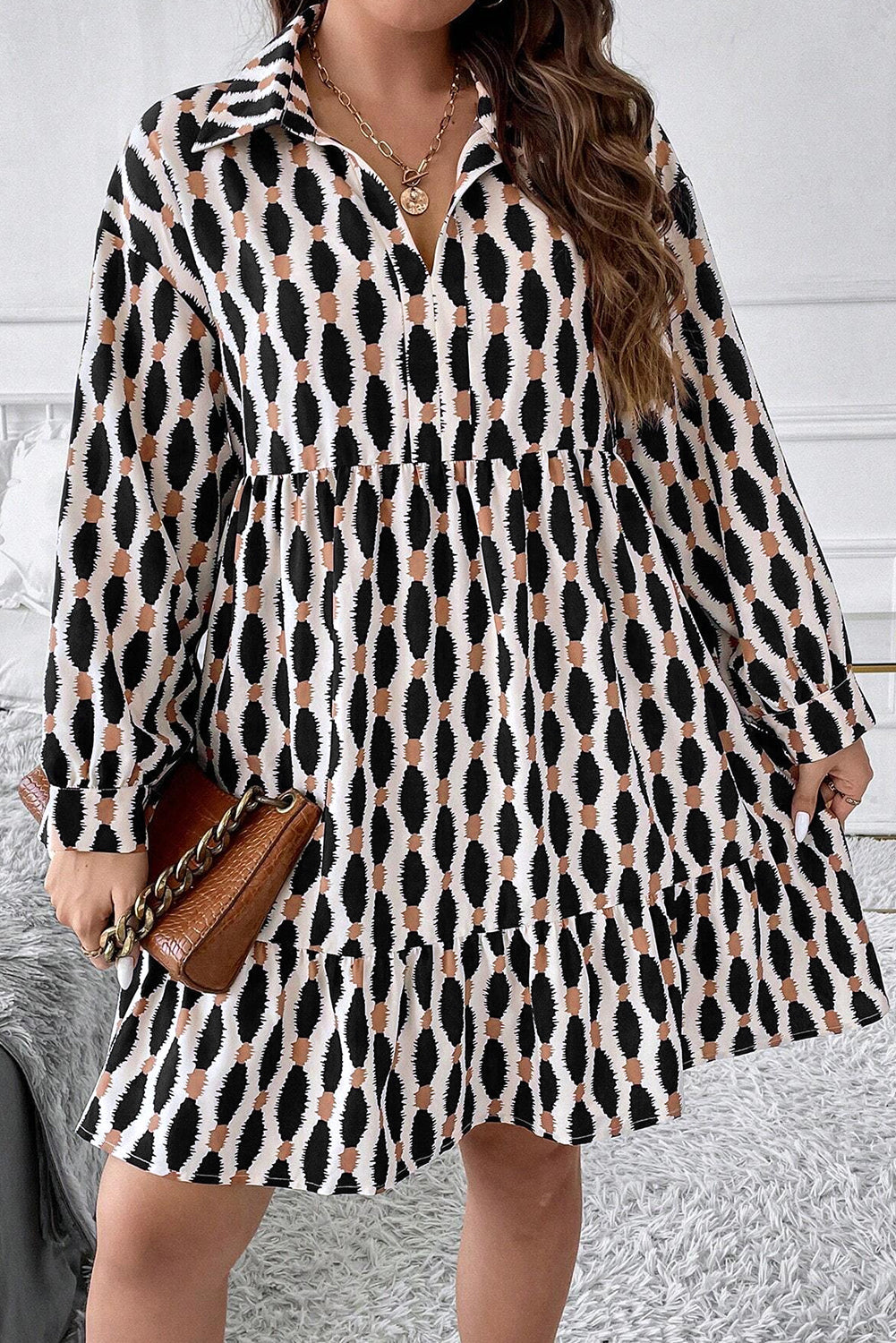 Apricot Abstract Print Collared V Neck Plus Size Mini Dress - Plus Size Dresses