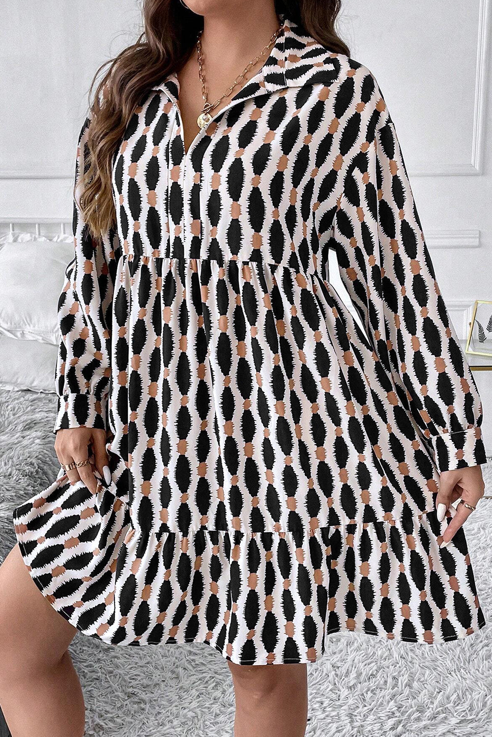 Apricot Abstract Print Collared V Neck Plus Size Mini Dress - Plus Size Dresses