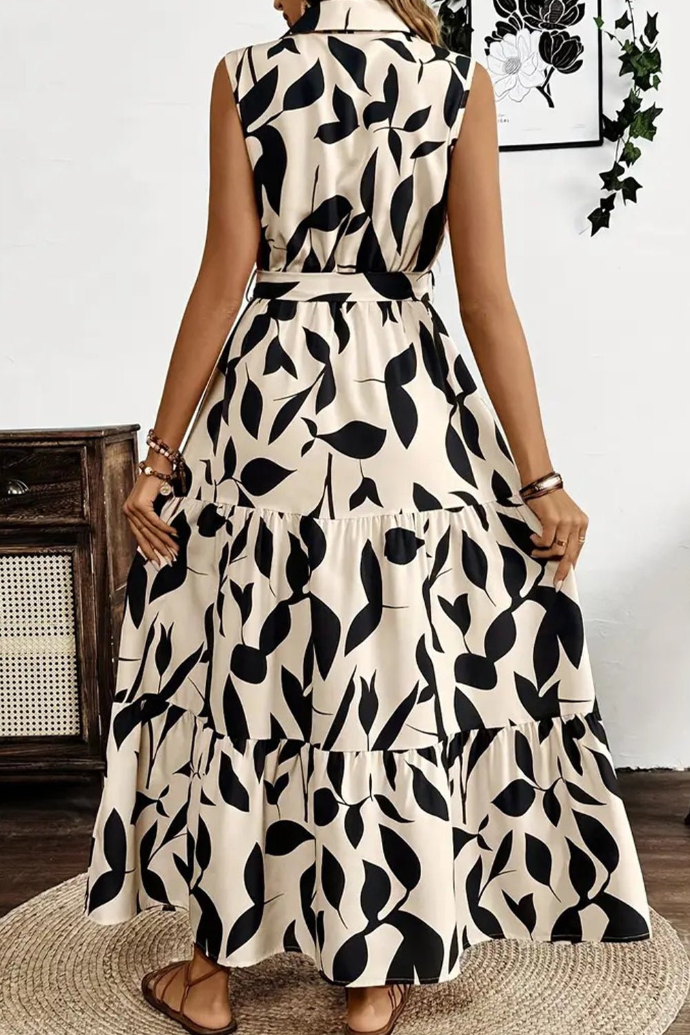 Apricot Abstract Print Knot Waist Collar Sleeveless Maxi Dress - MAD RUFFI