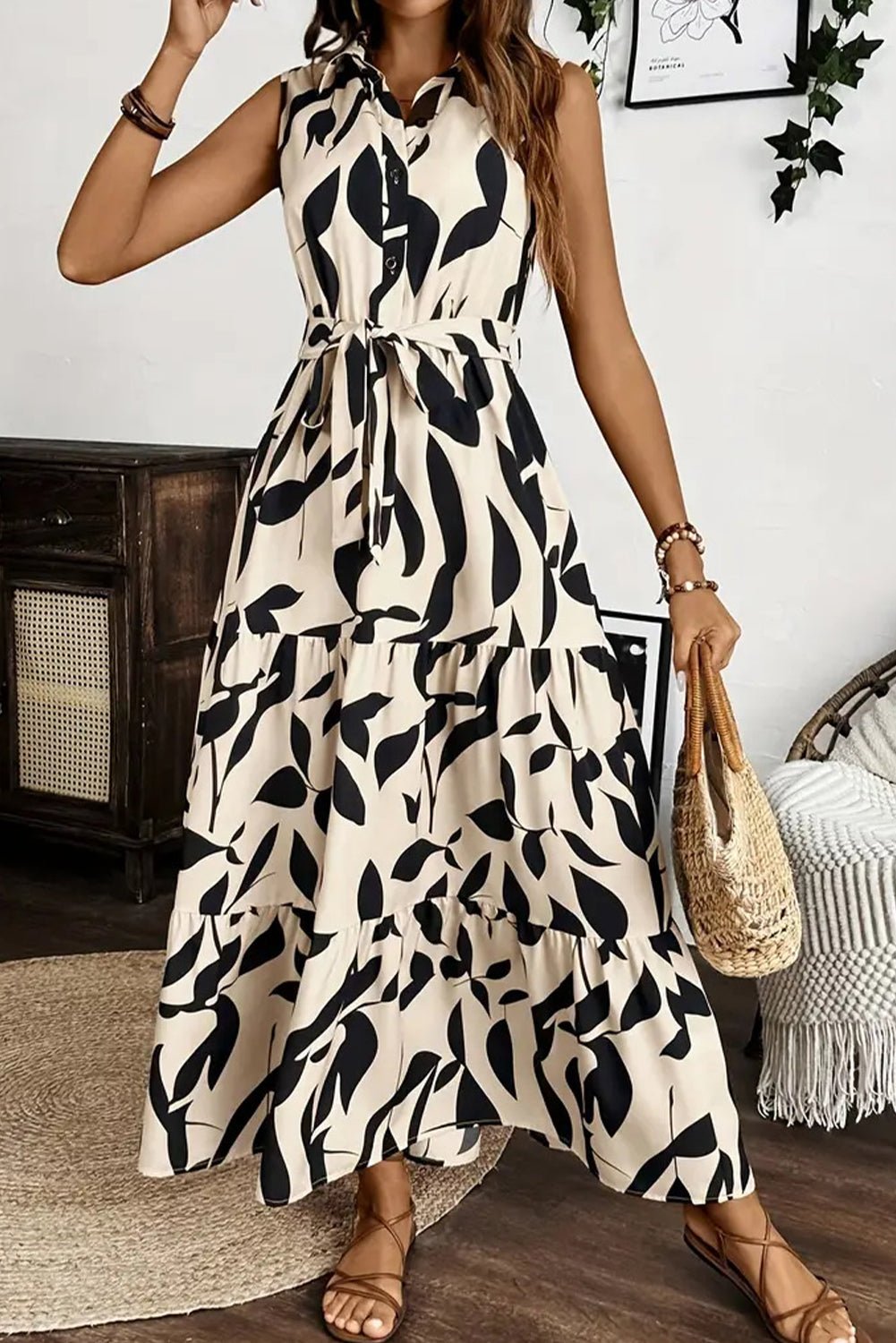 Apricot Abstract Print Knot Waist Collar Sleeveless Maxi Dress - MAD RUFFI