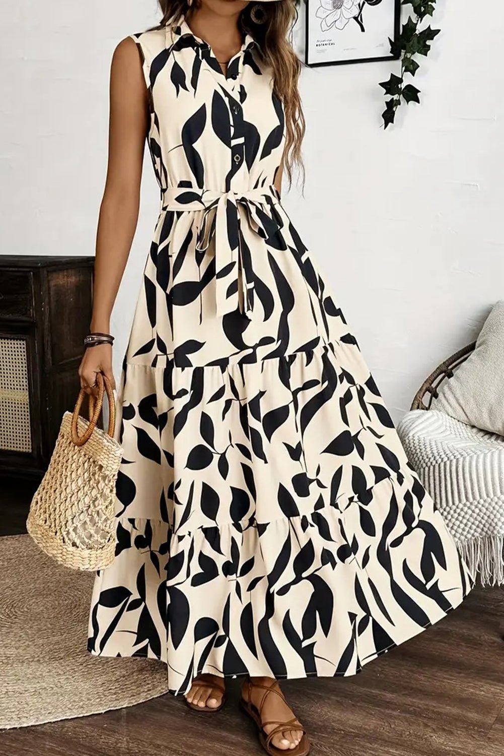 Apricot Abstract Print Knot Waist Collar Sleeveless Maxi Dress - MAD RUFFI