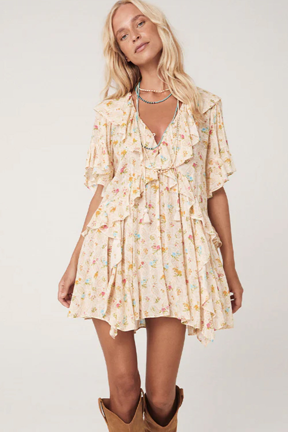 Apricot Boho V Neck Floral Tassel Tie Ruffle Mini Dress – feminine floral print, flattering V-neckline, and playful ruffle details for a stylish summer look