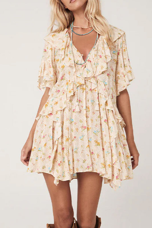 Apricot Boho V Neck Floral Tassel Tie Ruffle Mini Dress – feminine floral print, flattering V-neckline, and playful ruffle details for a stylish summer look