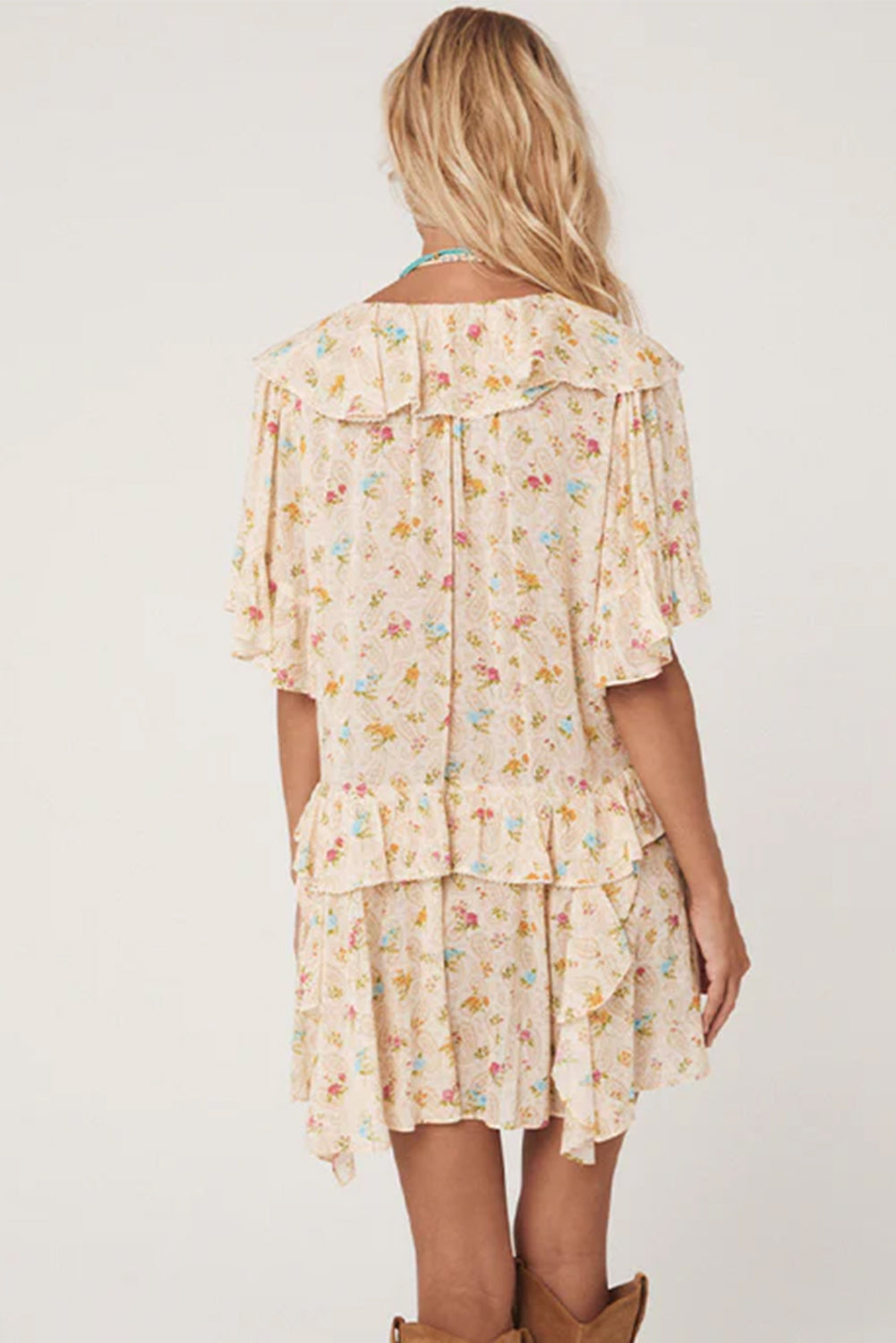 Apricot Boho V Neck Floral Tassel Tie Ruffle Mini Dress – feminine floral print, flattering V-neckline, and playful ruffle details for a stylish summer look