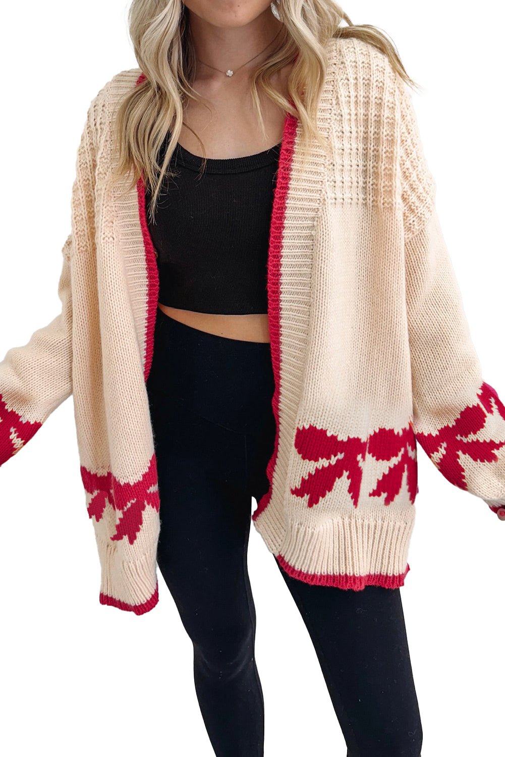 Apricot Bow Pattern Textured Open Front Baggy Cardigan - MAD RUFFI