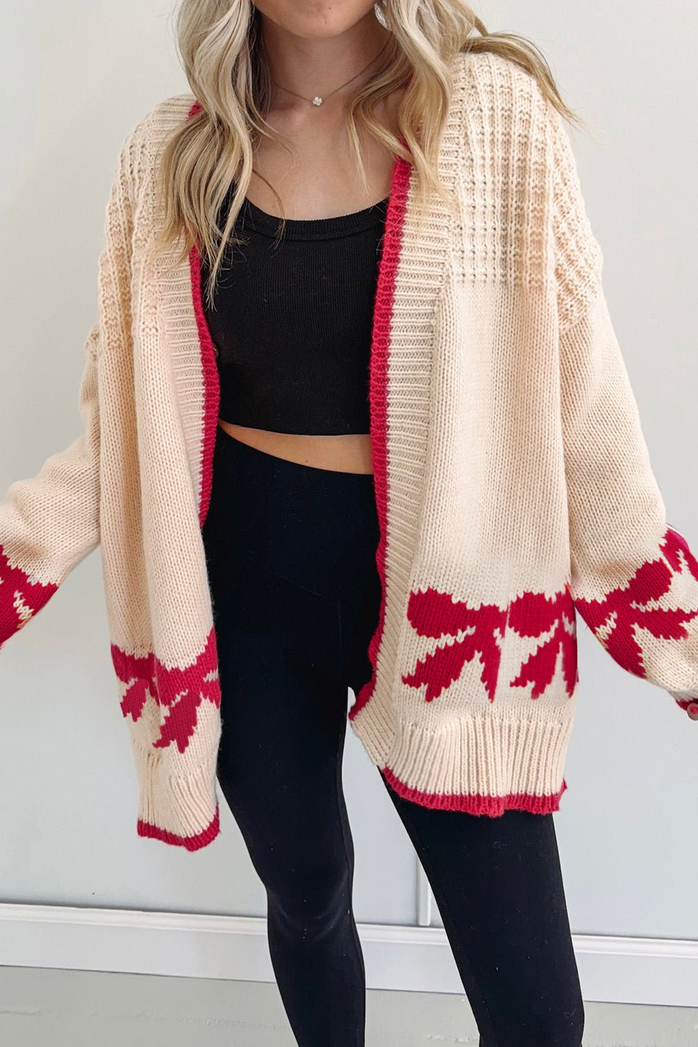 Apricot Bow Pattern Textured Open Front Baggy Cardigan - MAD RUFFI