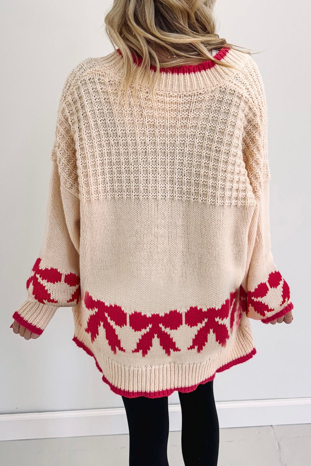 Apricot Bow Pattern Textured Open Front Baggy Cardigan - MAD RUFFI