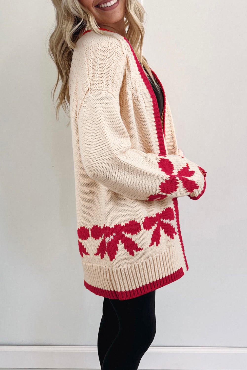 Apricot Bow Pattern Textured Open Front Baggy Cardigan - MAD RUFFI