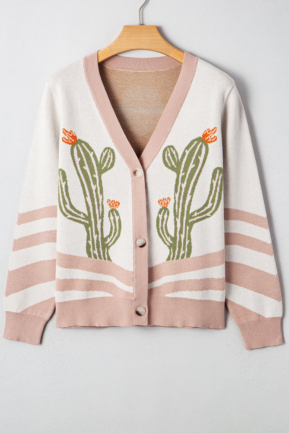 Apricot Cactus Pattern Button Front Knit Cardigan - MAD RUFFI