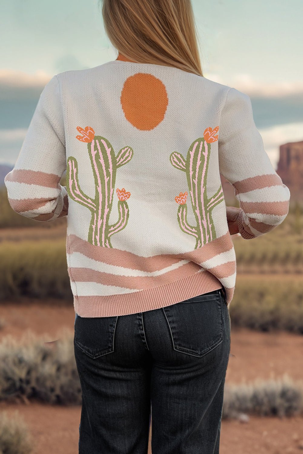 Apricot Cactus Pattern Button Front Knit Cardigan - MAD RUFFI