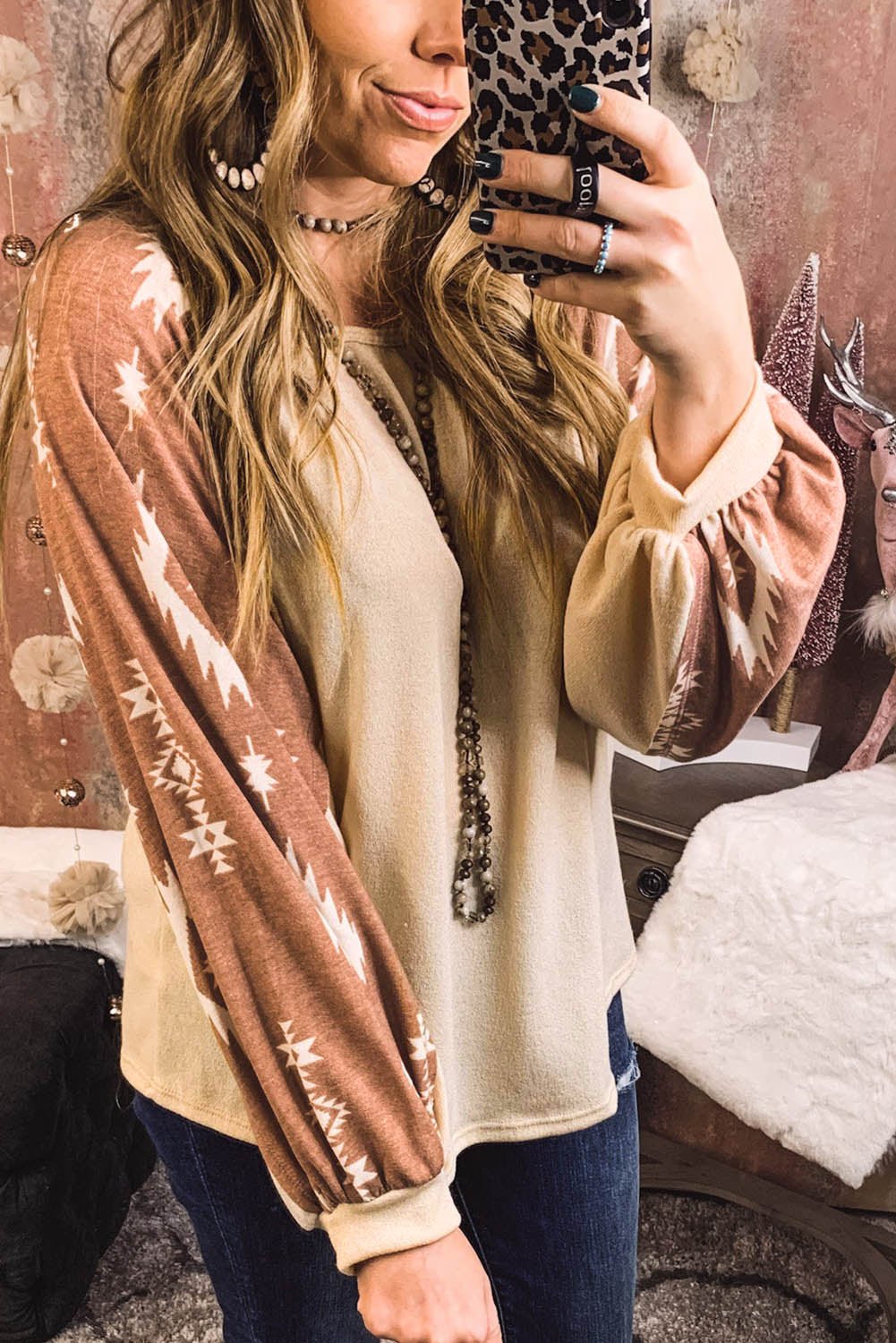 Apricot Casual Ethnic Print Patch Long Sleeve Top - MAD RUFFI