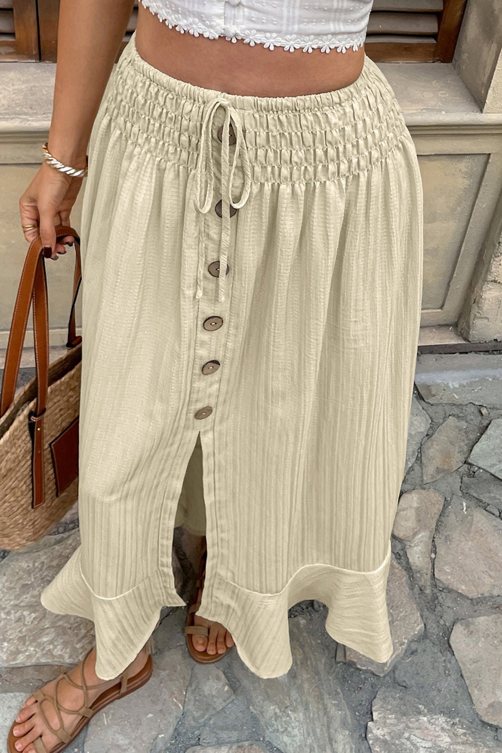 apricot drawstring waist button split skirt - MAD RUFFI